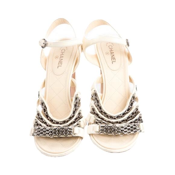 Chanel Lambskin Chain-Link Pearl Logo Sandals Size 38 US 8 - Picture 6 of 9